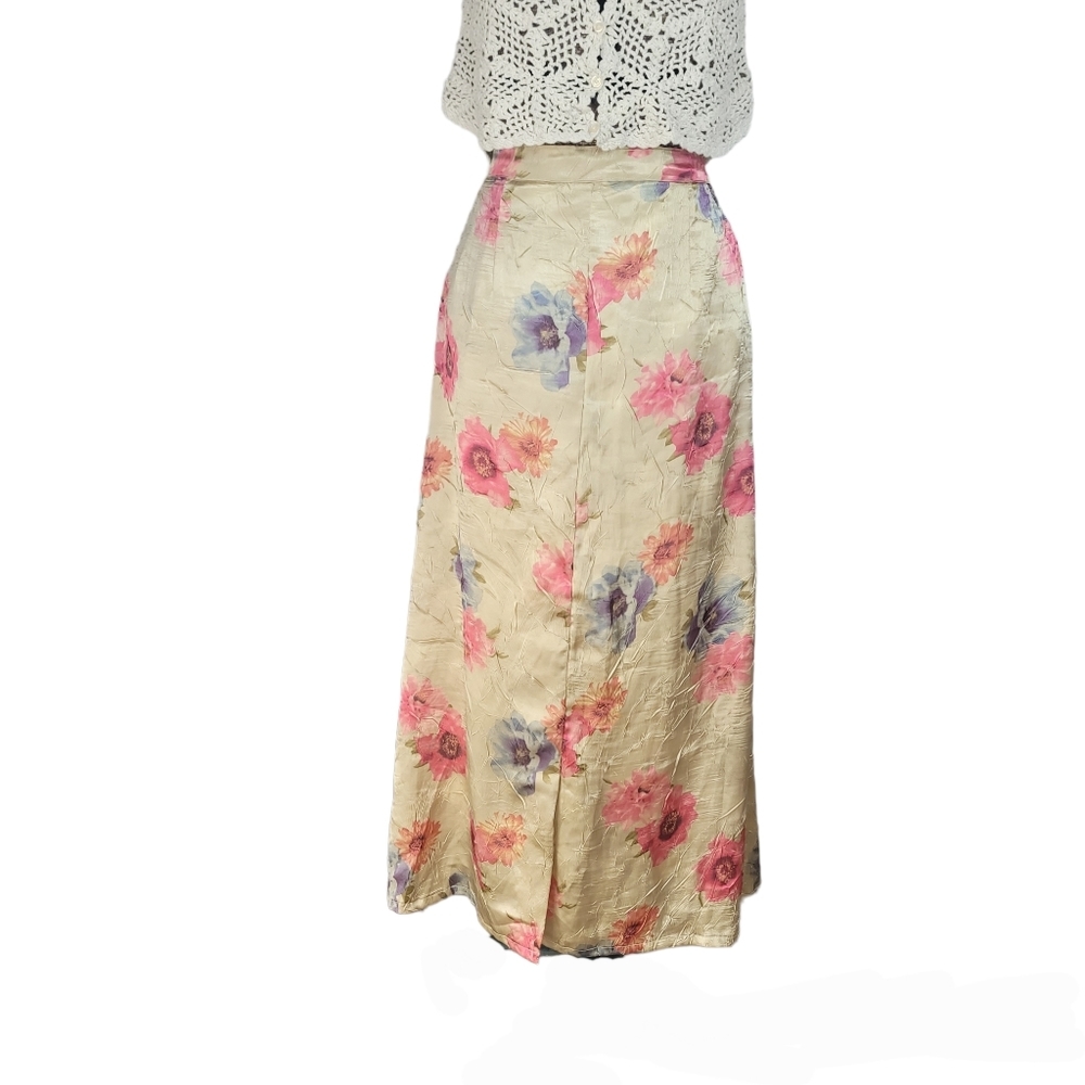Vintage Gold and pink silky maxi skirt with floral print
